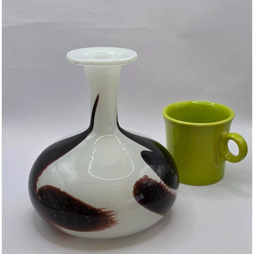 Vintage Hand Blown Art Glass Vase Brown White Controlled Bubble Studio Glass 7"